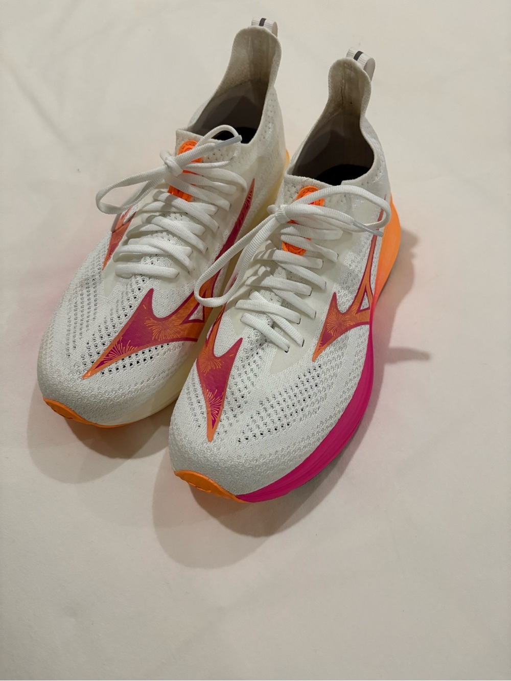 Mizuno White Knit Running Shoes with Pink & Orange Accents